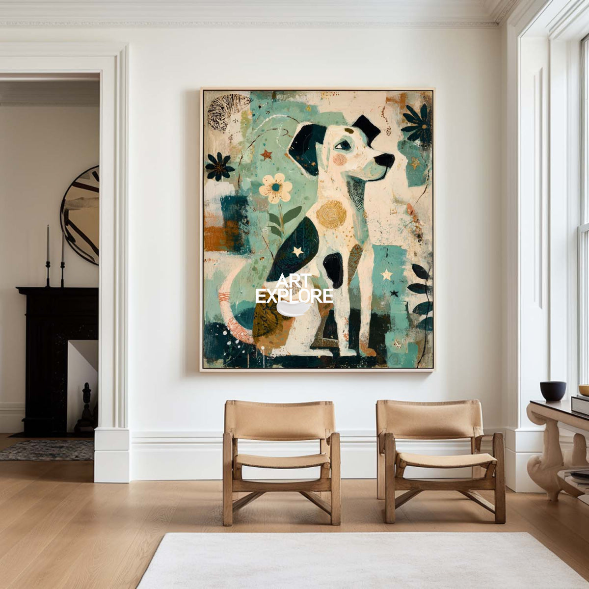 Abstract Dog Painting With Floral Motifs In Beige And Teal For Living Room Decor