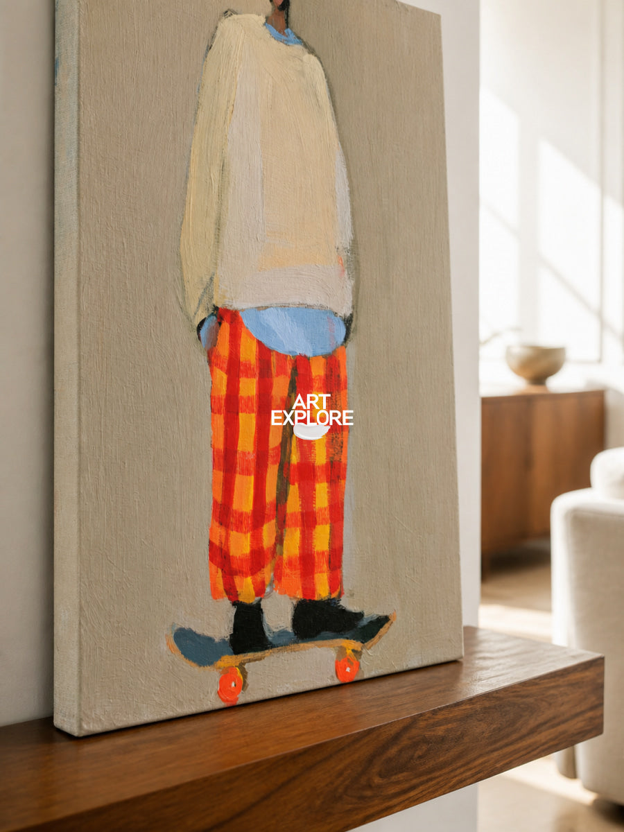 Vibrant Orange Plaid Figure Painting With Skateboard For Contemporary Interior