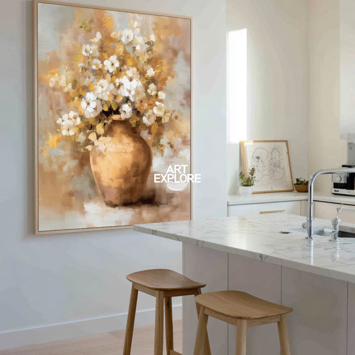 Luxury Abstract Floral Painting Warm Beige Gold Canvas Art For Living Room Decor
