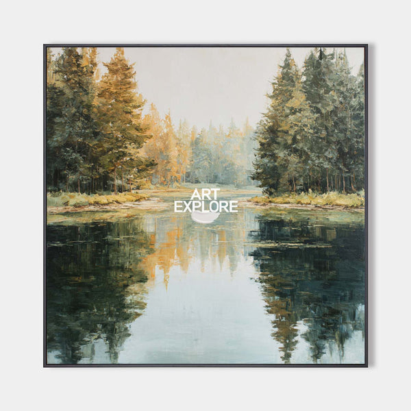 Tranquil Forest Lake Landscape Oil Painting – Large Square Wall Art | ArtExplore