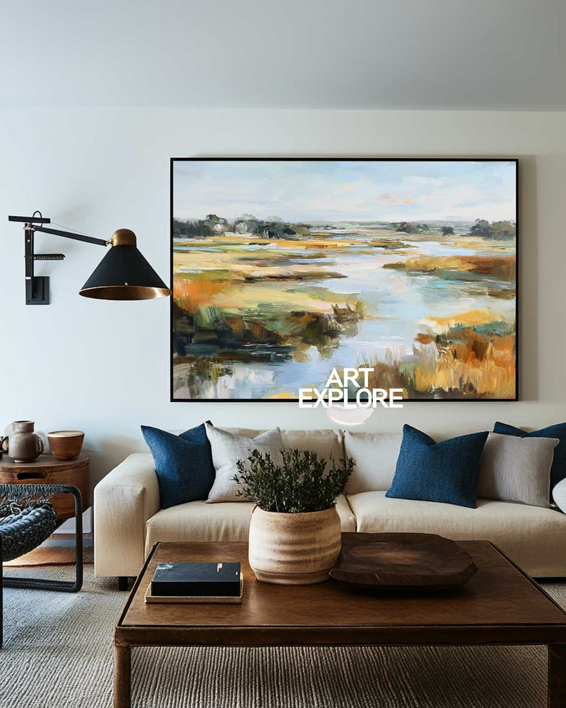 Tranquil Lake View Large Painting, Handmade Modern Canvas Artwork – ArtExplore