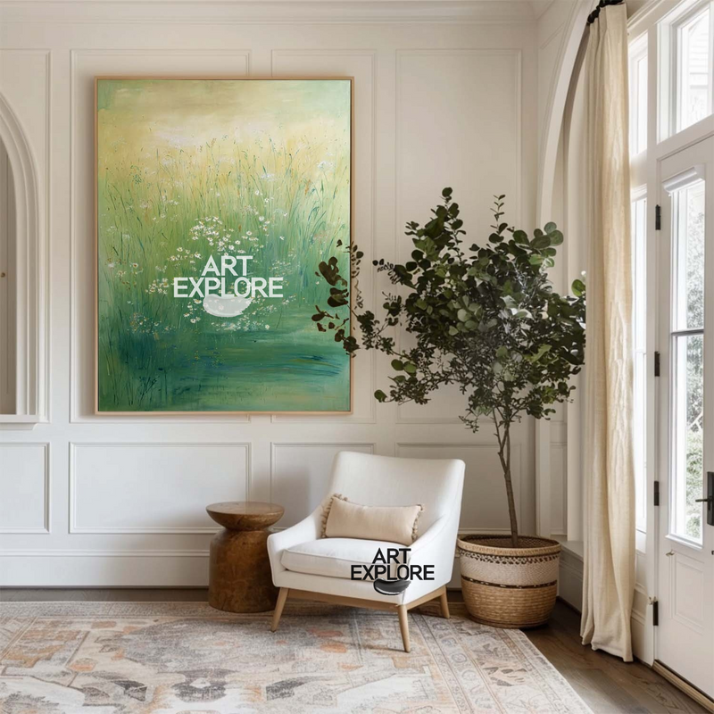 Tranquil Meadow Landscape Painting – Handmade Green Vertical Art for Living Room | ArtExplore