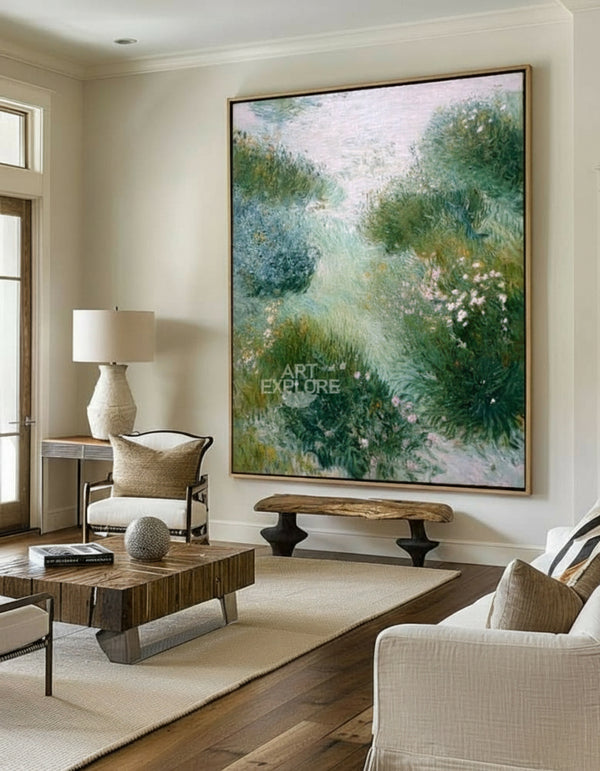 Tranquil Nature Path Oil Painting | Vertical Green Landscape Canvas | ArtExplore