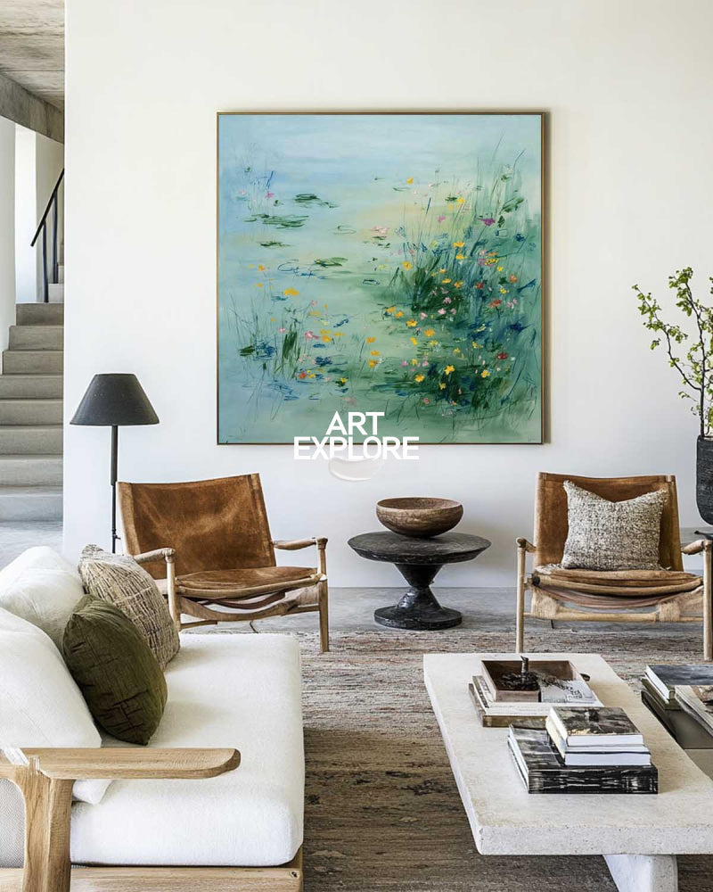 Tranquil Reflections: Oversized Square Botanical Oil Painting