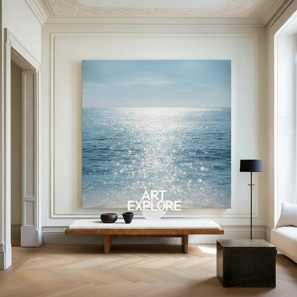 Blue Ocean Horizon Painting, Handmade Large Canvas Wall Art