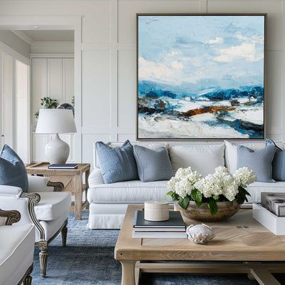 Tranquil Sky Blue Oil Painting – Minimalist Coastal Artwork for Modern Large Space Decoration