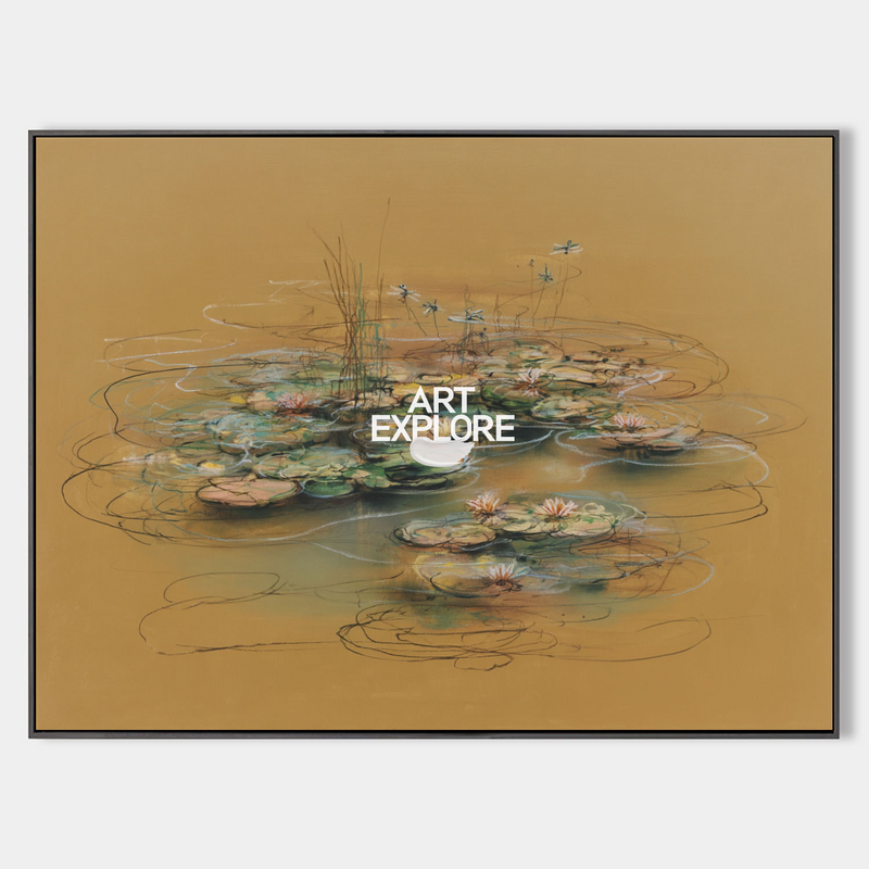 Tranquil Water Lily Lotus Painting – Large Brown Wall Art | ArtExplore