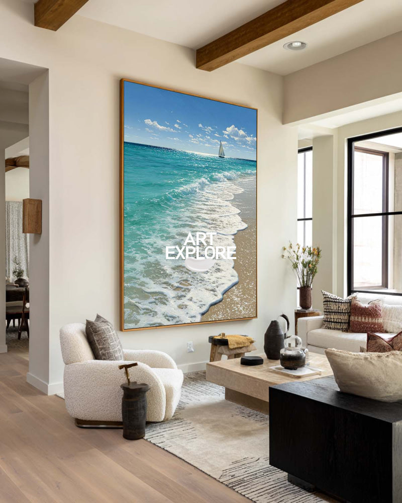 Turquoise Wave Painting Hand-Drawn Large Coastal Statement
