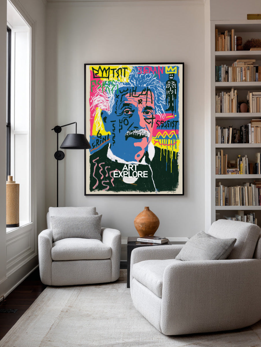 Einstein Graffiti Pop Art Canvas Painting Blue Pink Hand-Painted Wall Decor