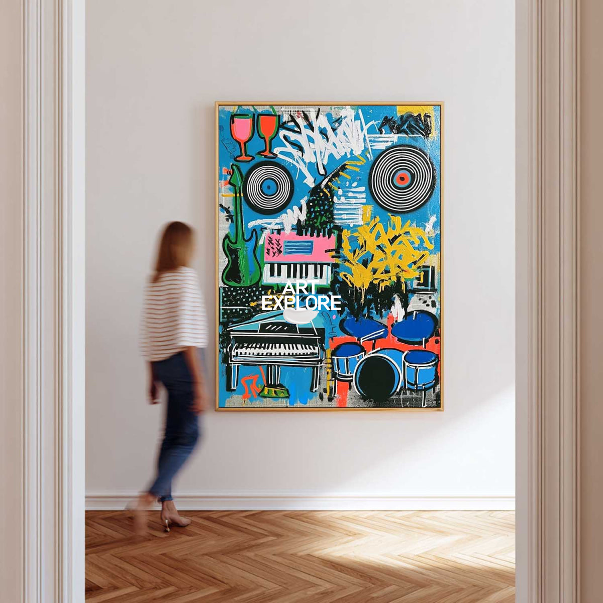 Vibrant Graffiti Music Painting With Blue Urban Jazz Instruments For Modern Home Decor