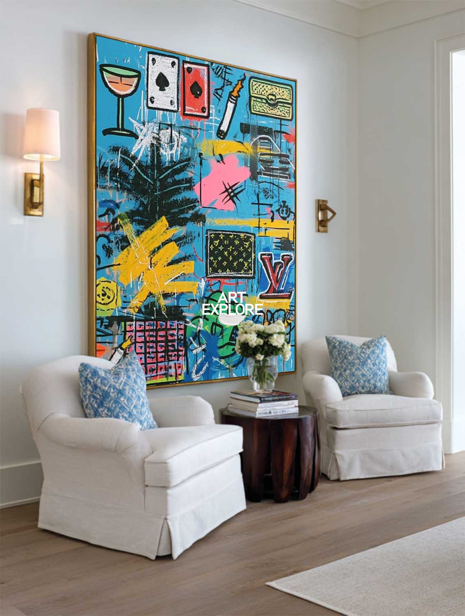 Original Blue Graffiti Art With Pop Culture Icons For Modern Living Room Decor