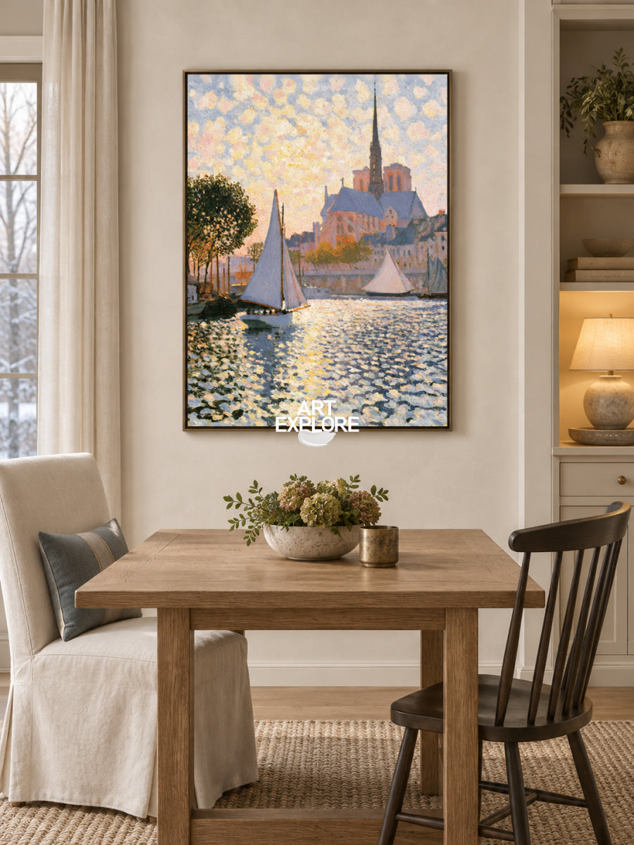 Sunlit Harbor With Sailboats And Church Canvas Painting