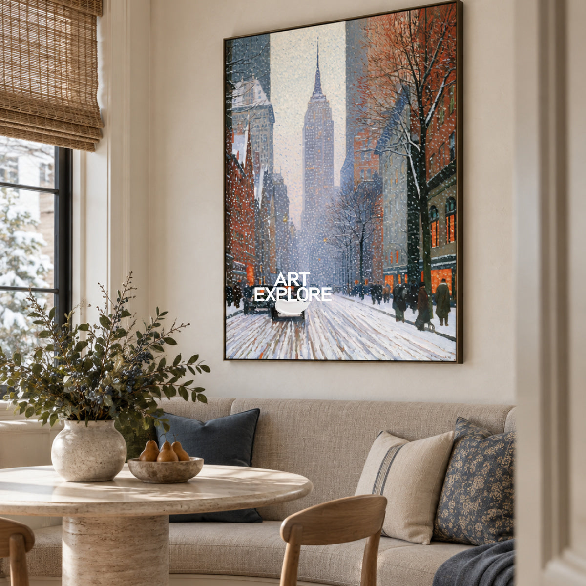 Vintage NYC Snow Street Painting With Empire State Building