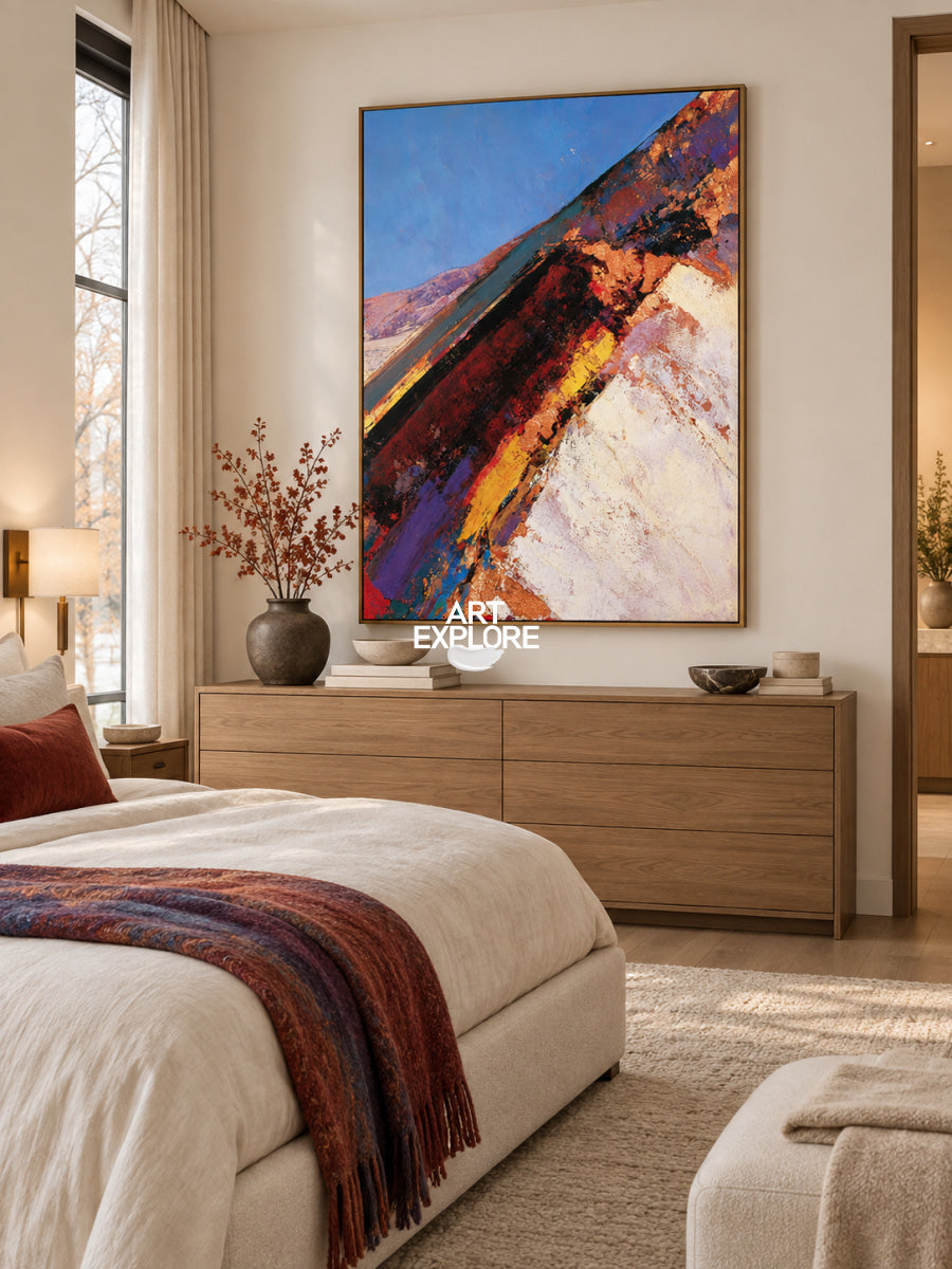 Colorful Abstract Landscape Canvas Painting With Red And Blue Tones