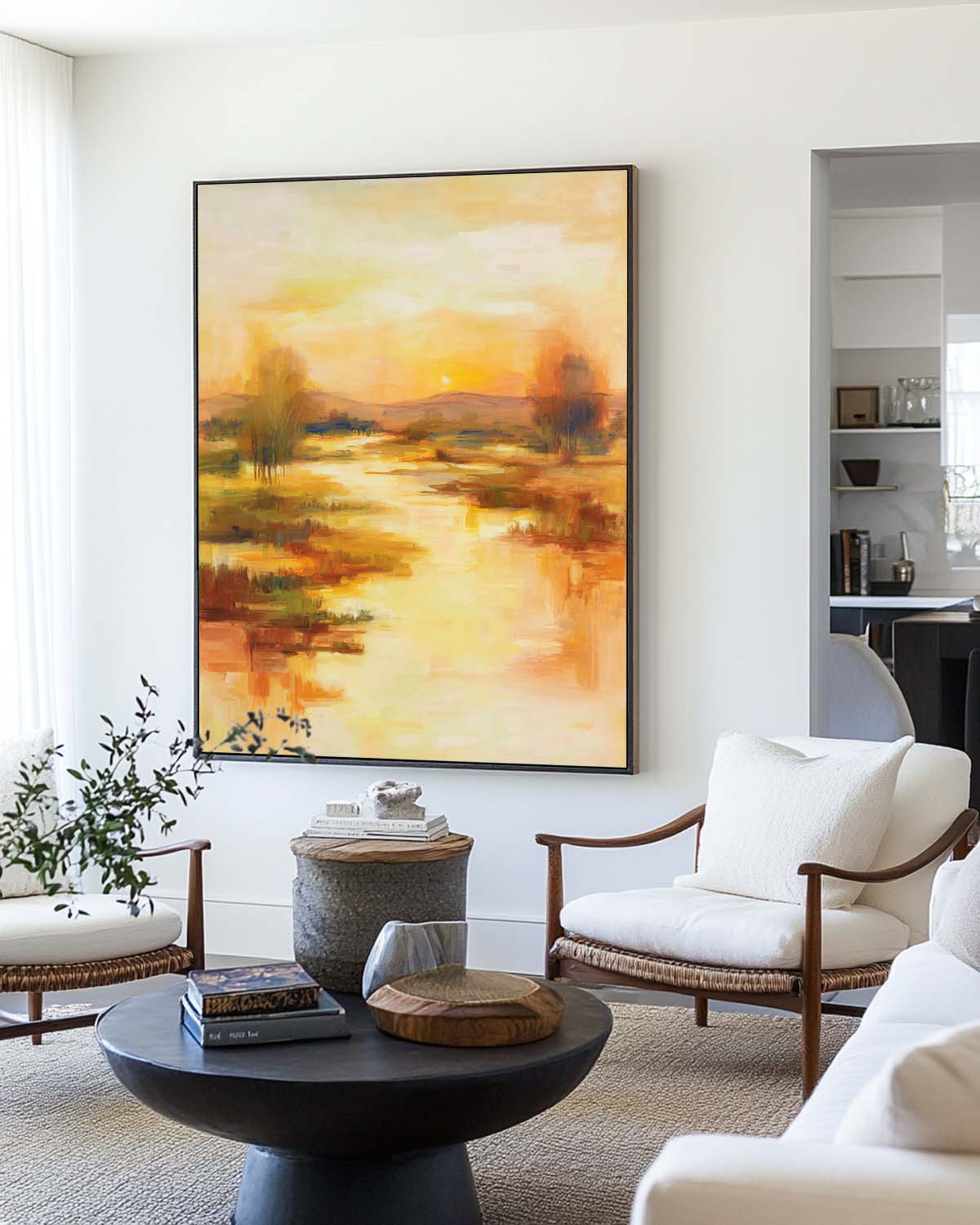 Golden Sunset Abstract Painting On Linen Canvas With Warm Tones For Modern Home Decor