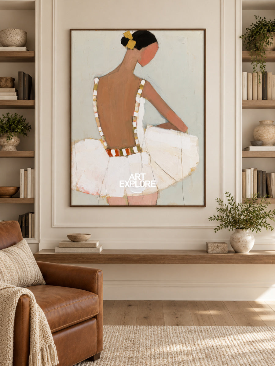 Ballerina Canvas Painting Minimalist Beige And Brown Hand-Painted Wall Art