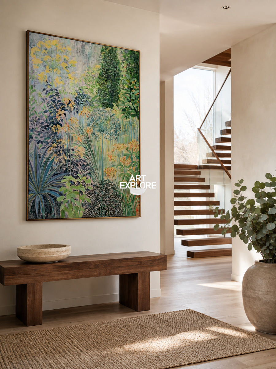 Abstract Botanical Garden Painting Green Yellow Blue Hand-Painted Canvas Wall Art