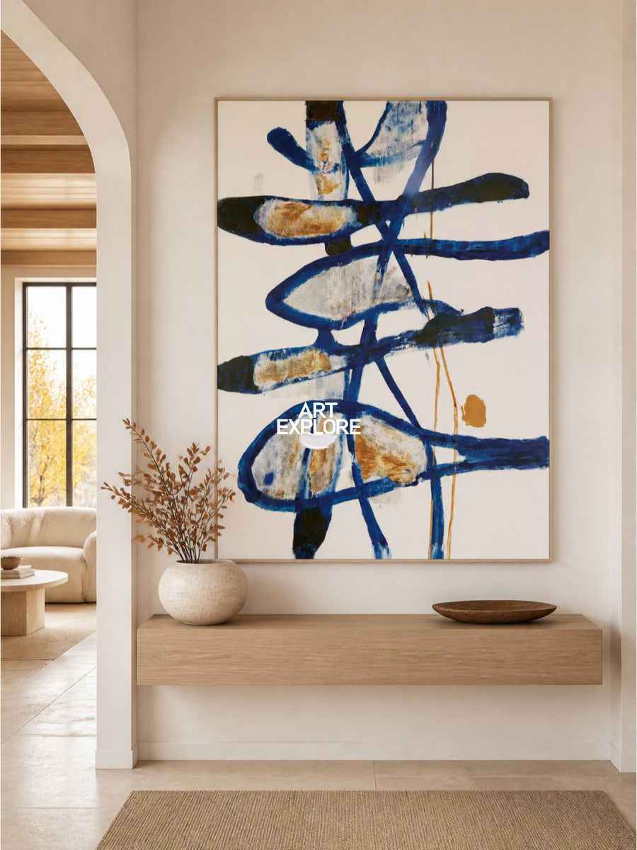 Modern Blue Wall Art For Living Room Minimalist Abstract Canvas Painting Original