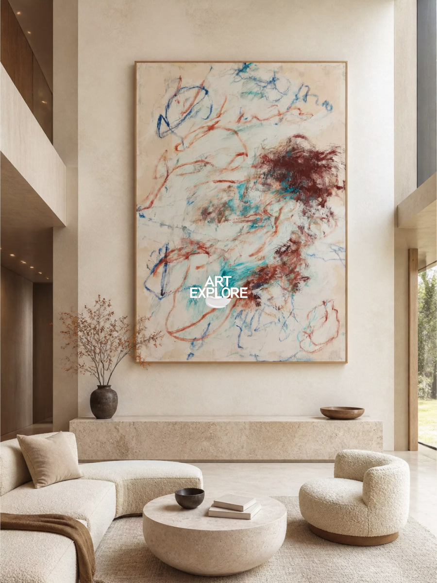 Modern Beige Wall Art For Living Room With Expressive Lines