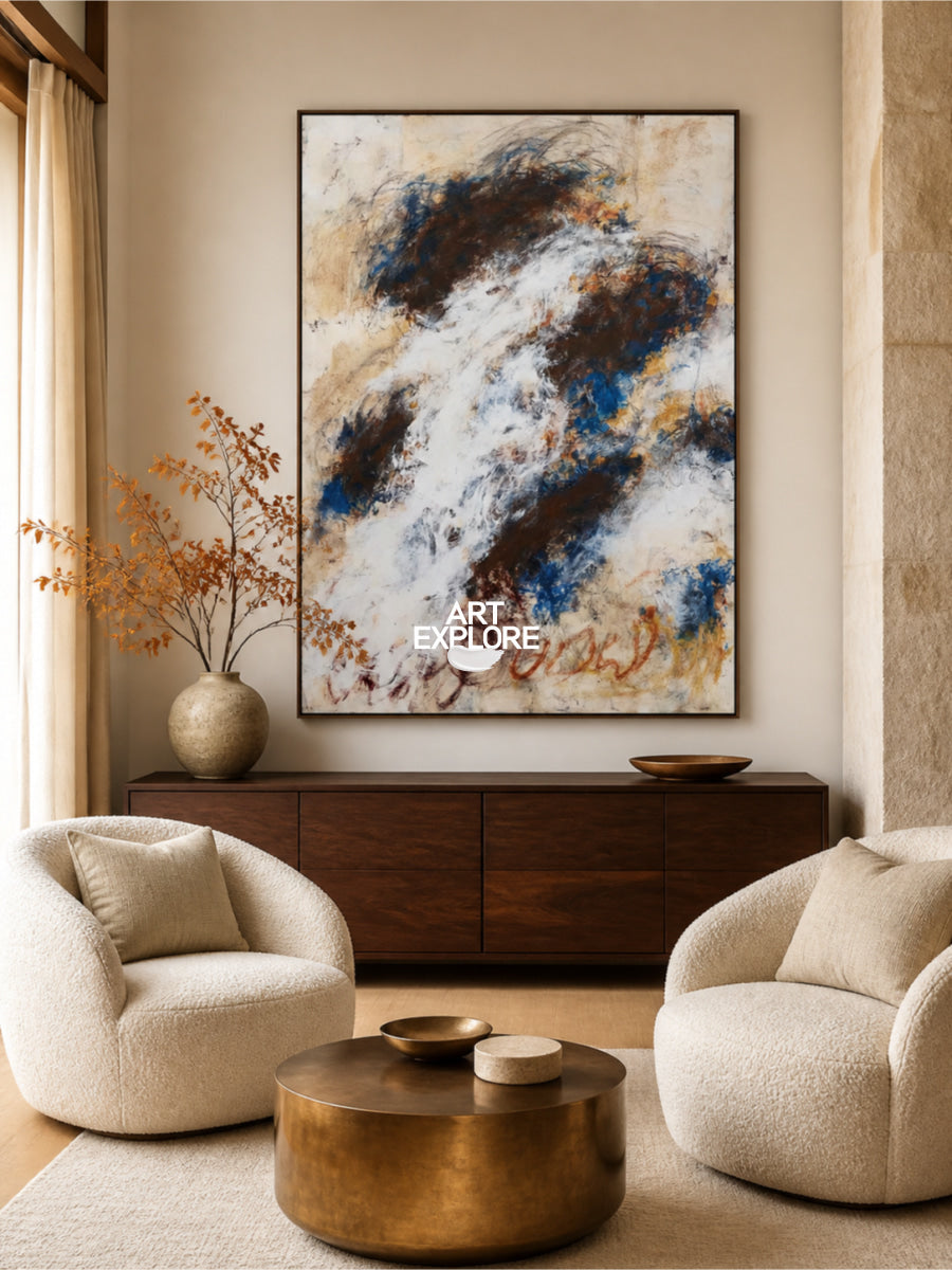 Expressive Doodle Style Painting In Blue And Brown Tones
