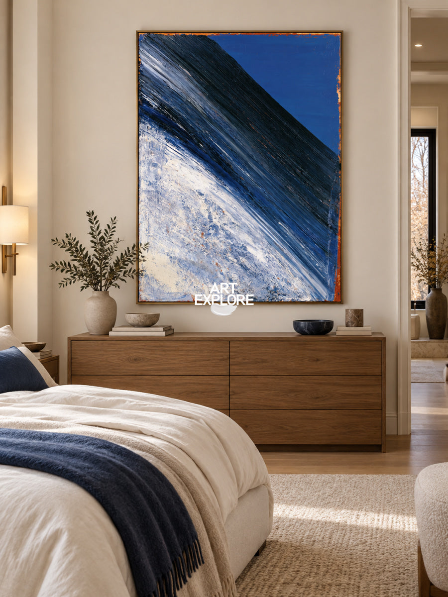 Blue And White Abstract Canvas Painting With Dynamic Diagonal Lines