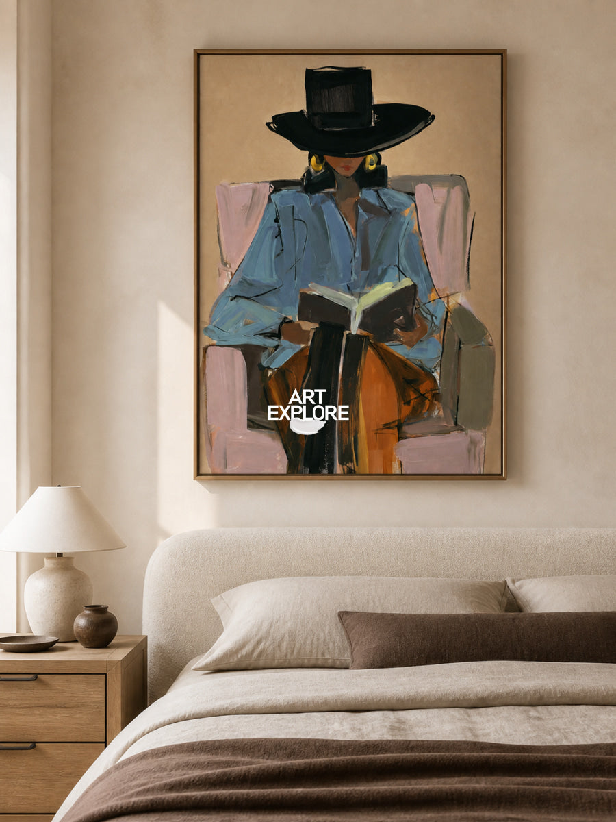 Abstract Woman Reading Canvas Painting In Brown Tones Hand-Painted Wall Art
