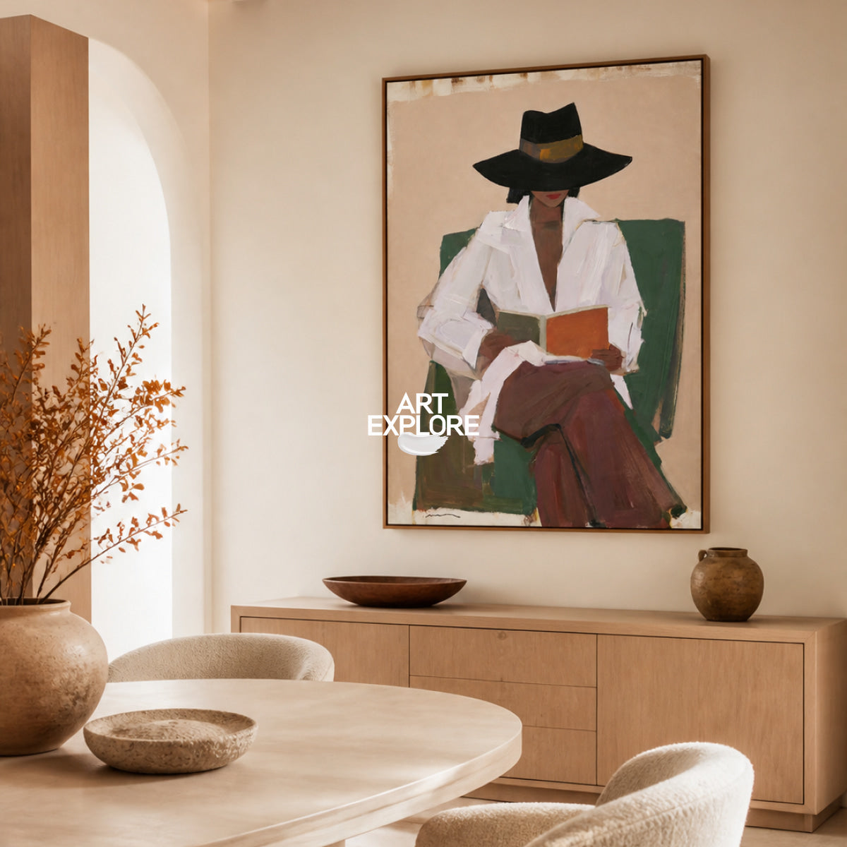 Modern Minimalist Female Portrait Canvas Painting With Earthy Color Palette
