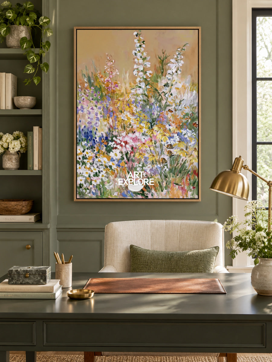 Colorful Abstract Floral Canvas Painting With Butterflies For Modern Home Decor