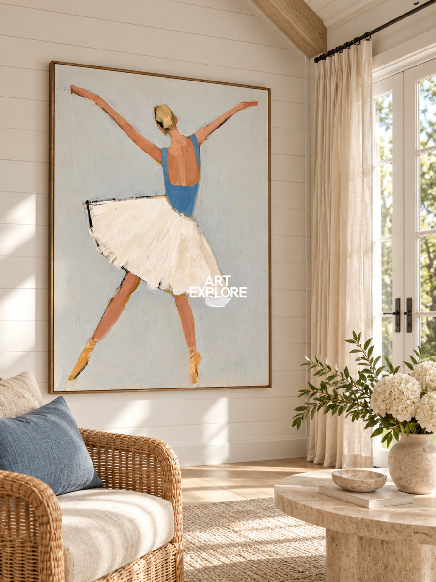 Ballerina Canvas Painting Minimalist Blue And Beige Hand-Painted Wall Art