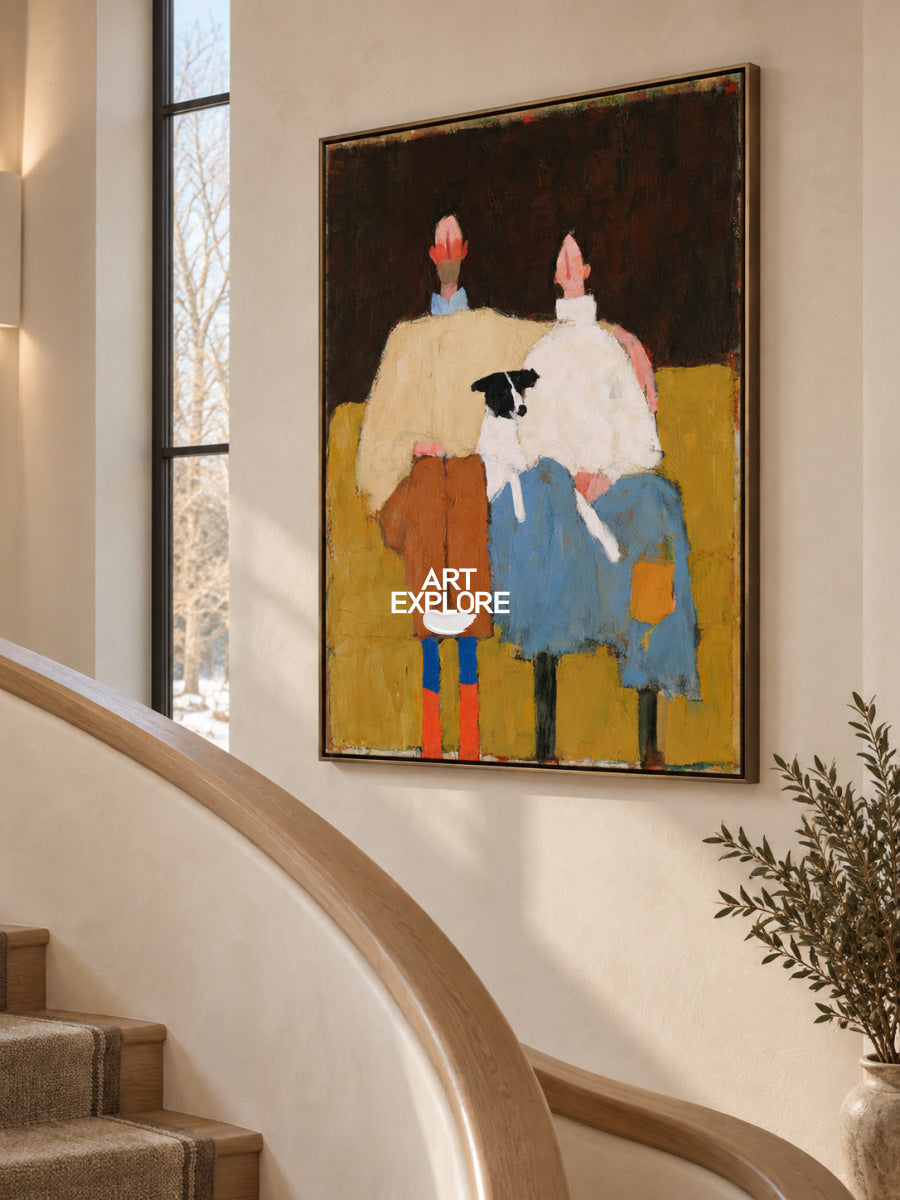 Warm Brown Wall Art For Living Room Modern Abstract Painting With Couple With Dog