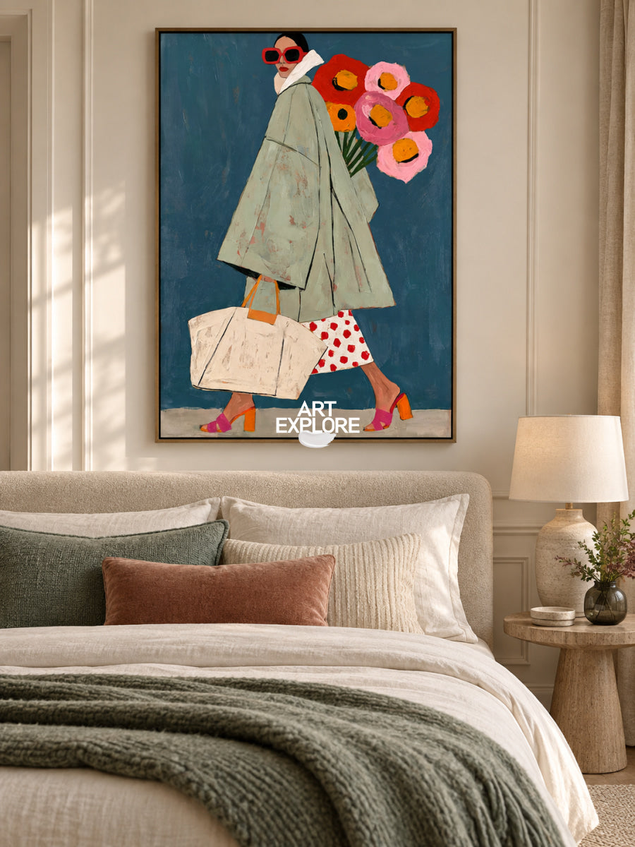 Pop Art Style Canvas Painting Abstract Woman In Green Coat Original Art