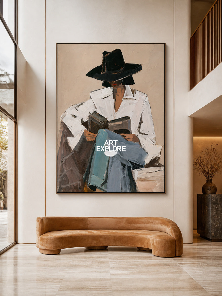 Minimalist Female Portrait Canvas Painting With Black Hat And White Shirt In Beige Tones