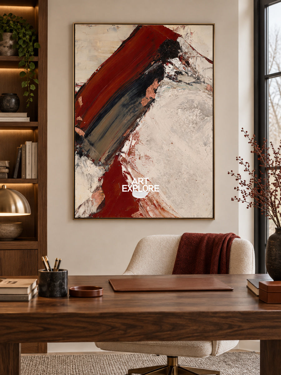 Modern Bold Red And Beige Abstract Canvas Painting Hand-Painted Wall Art