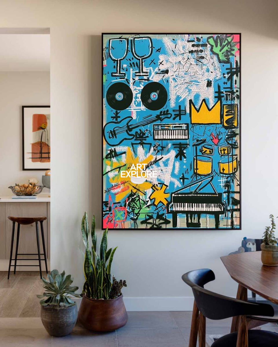 Abstract Graffiti Art Painting With Music Motifs In Blue For Modern Living Room Decor