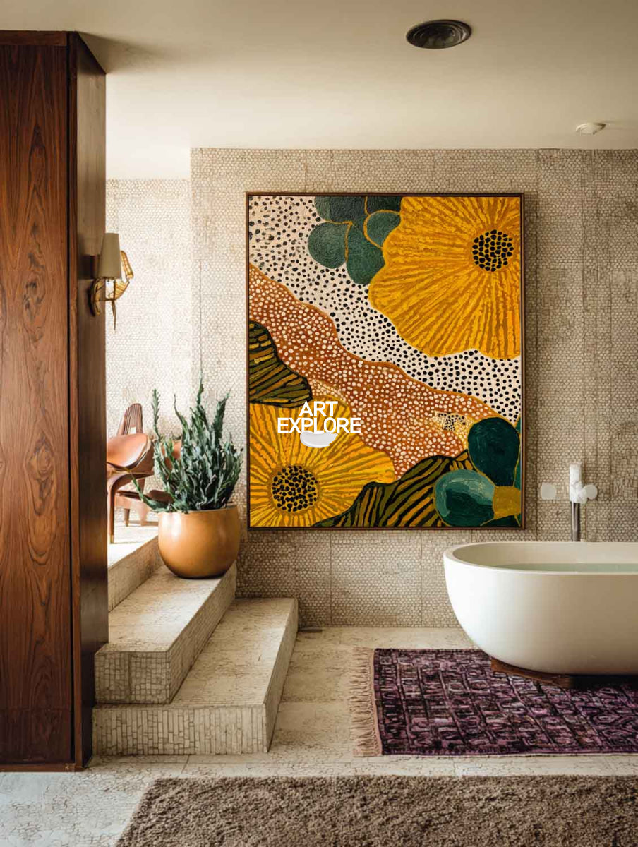 Abstract Floral Painting With Orange And Green Tones For Modern Living Room Decor