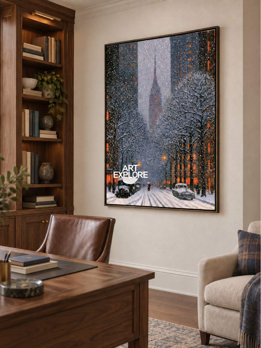 Snowy New York City Painting With Empire State Building Blue Wall Art