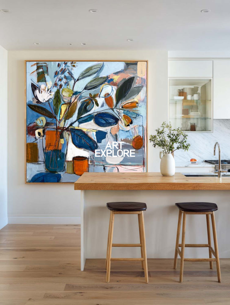 Vibrant Abstract Leaf Painting Large Teal & Orange Office Wall Art