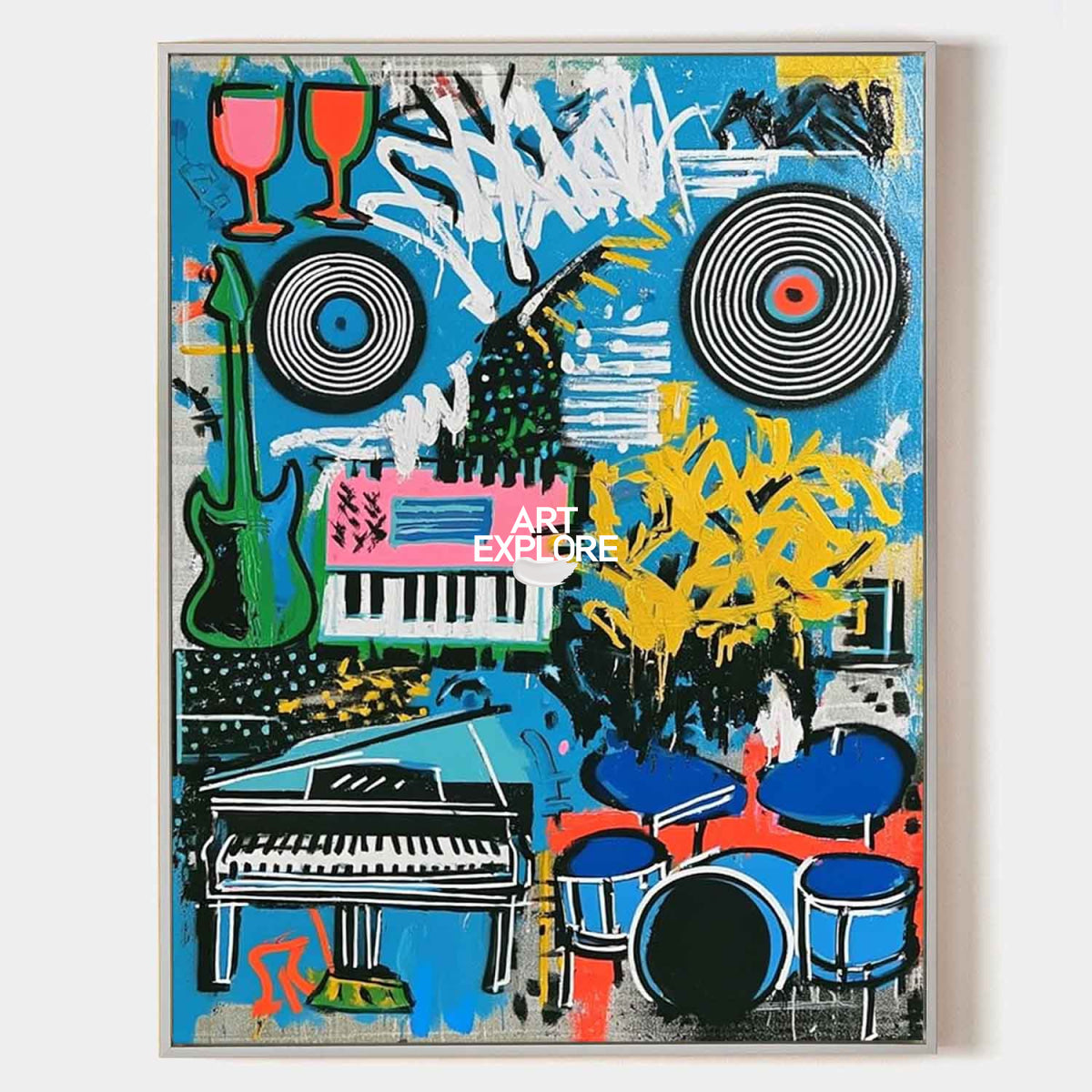 Vibrant Graffiti Music Painting With Blue Urban Jazz Instruments For Modern Home Decor
