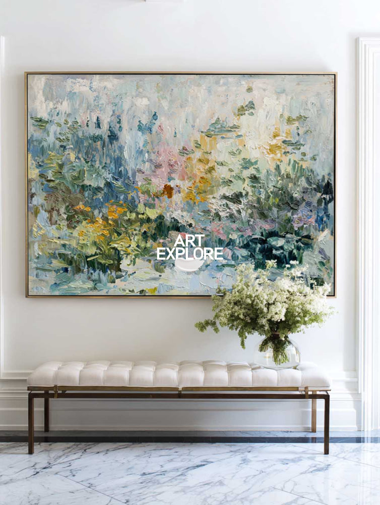 Vibrant Sage Green and Yellow Floral Painting Extra Large Foyer Feature Art