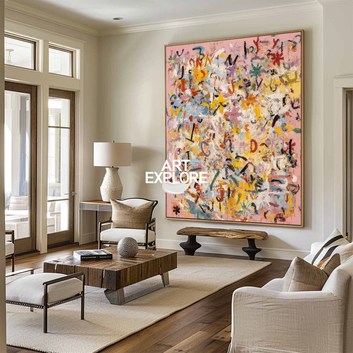 Vibrant Script Meadow: Modern Graffiti Floral Oil Painting on Canvas
