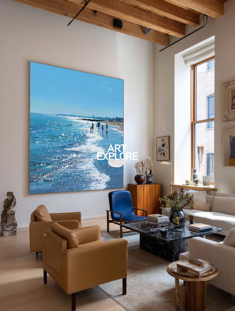 Vibrant Shoreline Art Hand-Drawn Large Luxury Coastal Canvas