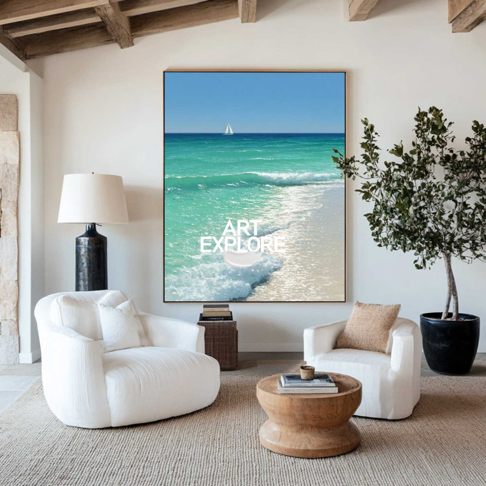 Vibrant Turquoise Horizon Painting Large Vertical Beach Wall Decor