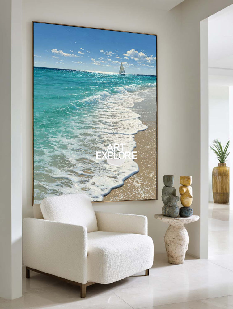 Vibrant Turquoise Sea Painting Large Vertical Beach Wall Decor