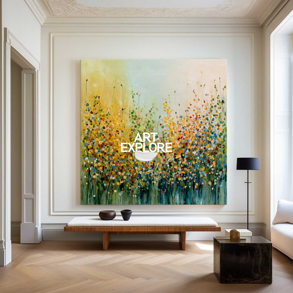 Vibrant Wildflower Field: Textured Abstract Square Canvas Painting
