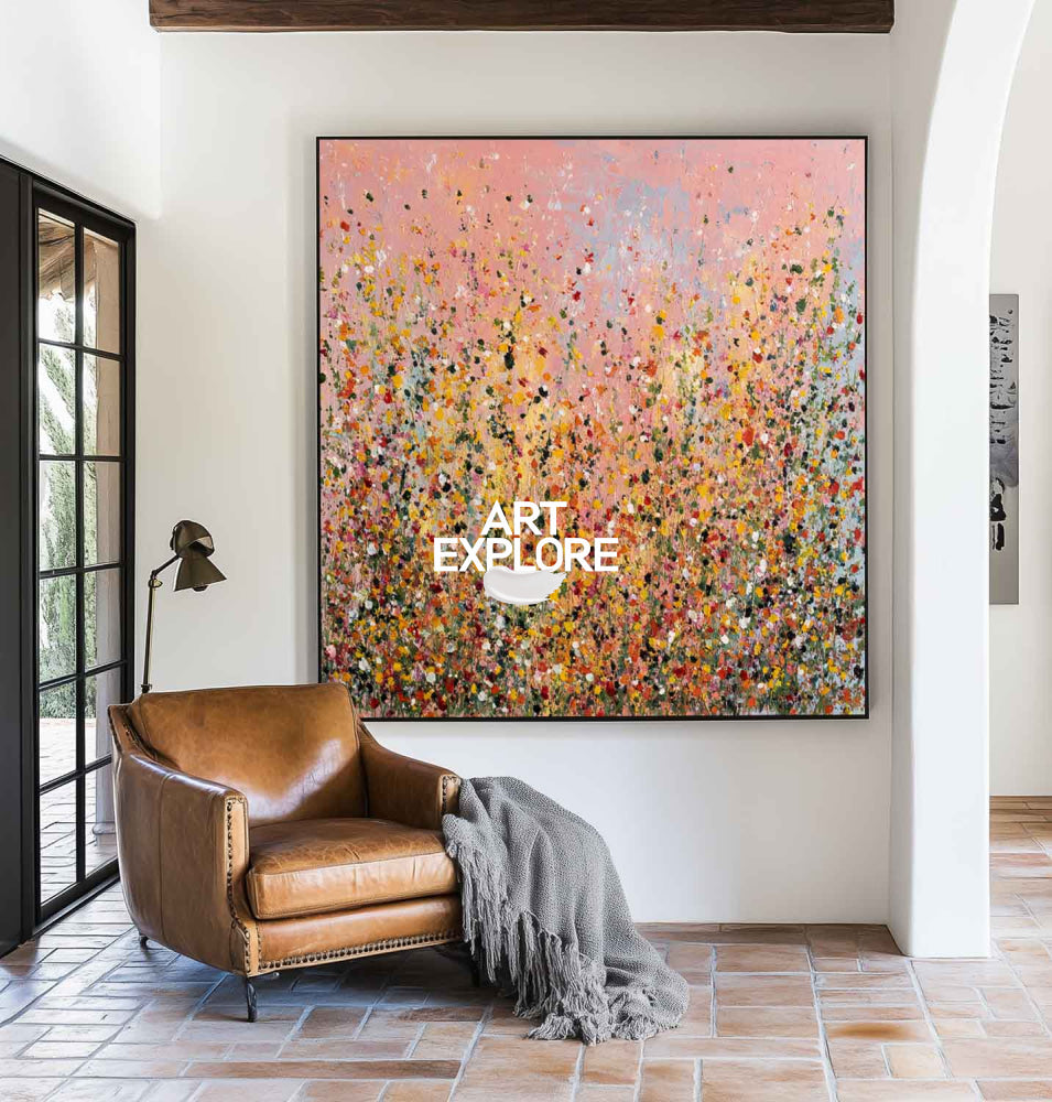 Vibrant Wildflower Meadow: Textured Pink Impasto Canvas Painting
