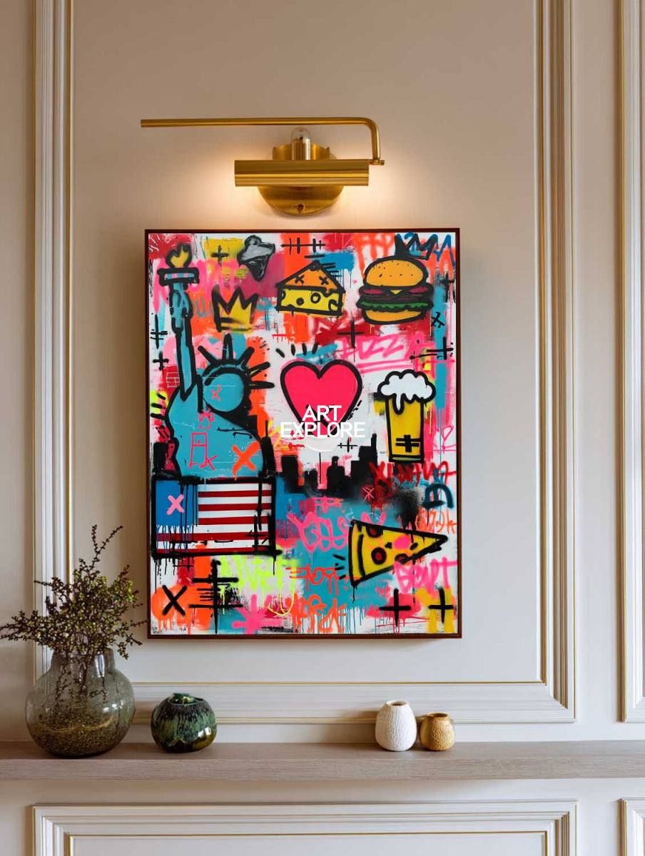 Hand-Painted Urban Graffiti Canvas With Pink Heart And Crown Pop Art