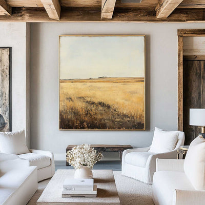 Large Village Autumn Field Painting Brown Countryside Vintage Wall Art Minimalist Wall Art For Sale