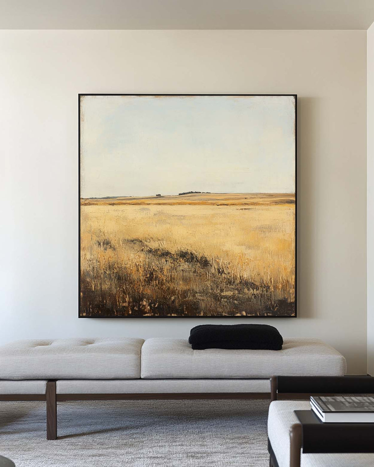 Large Village Autumn Field Painting Brown Countryside Vintage Wall Art Minimalist Wall Art For Sale