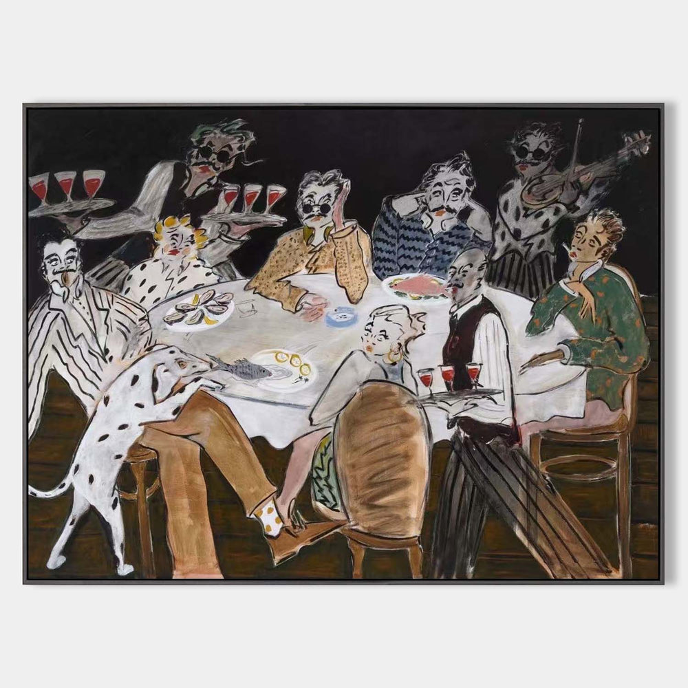 Vintage Modern Black Dinner Party Oil Painting – Large Wall Art | ArtExplore