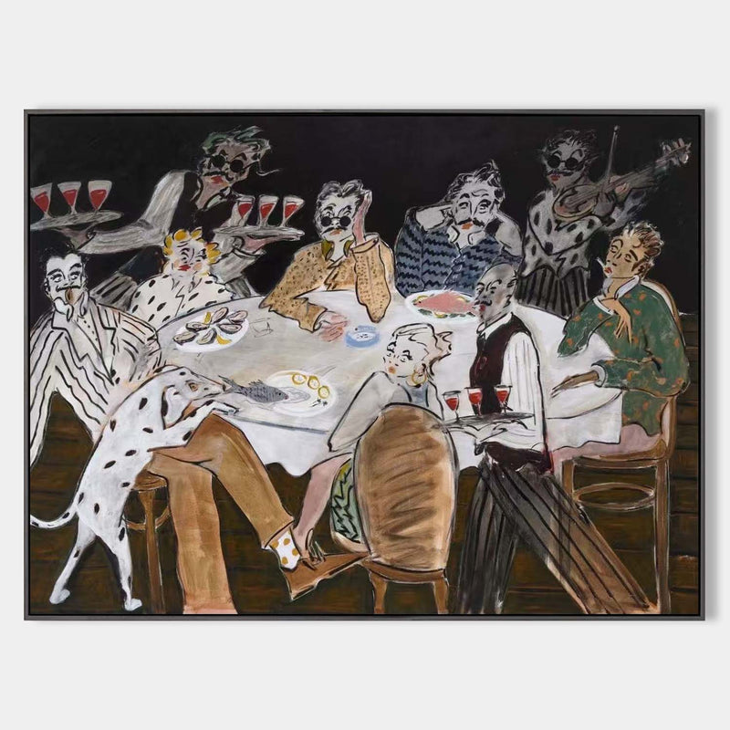 Vintage Modern Black Dinner Party Oil Painting – Large Wall Art | ArtExplore